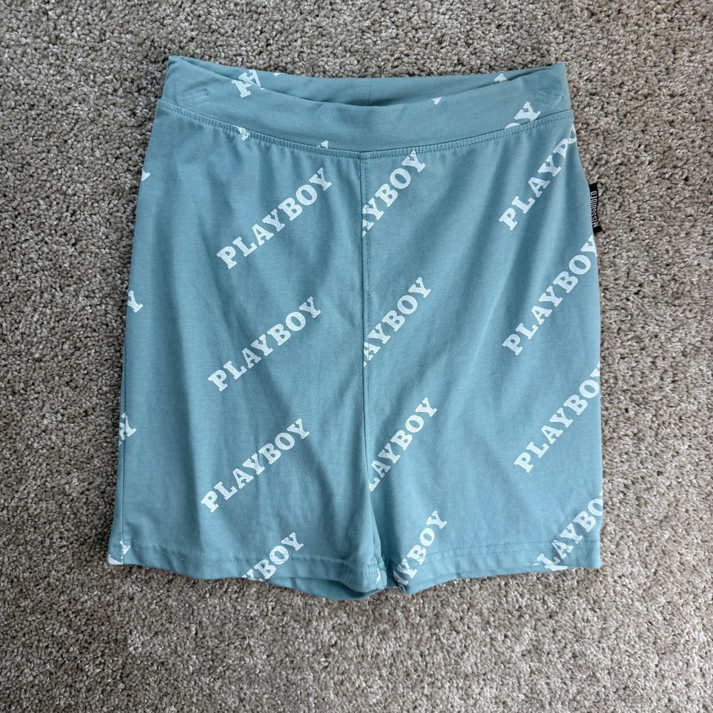 Playboy X Missguided Bike Shorts Womens UK 10 Blue Logo Print Elastic Waist
